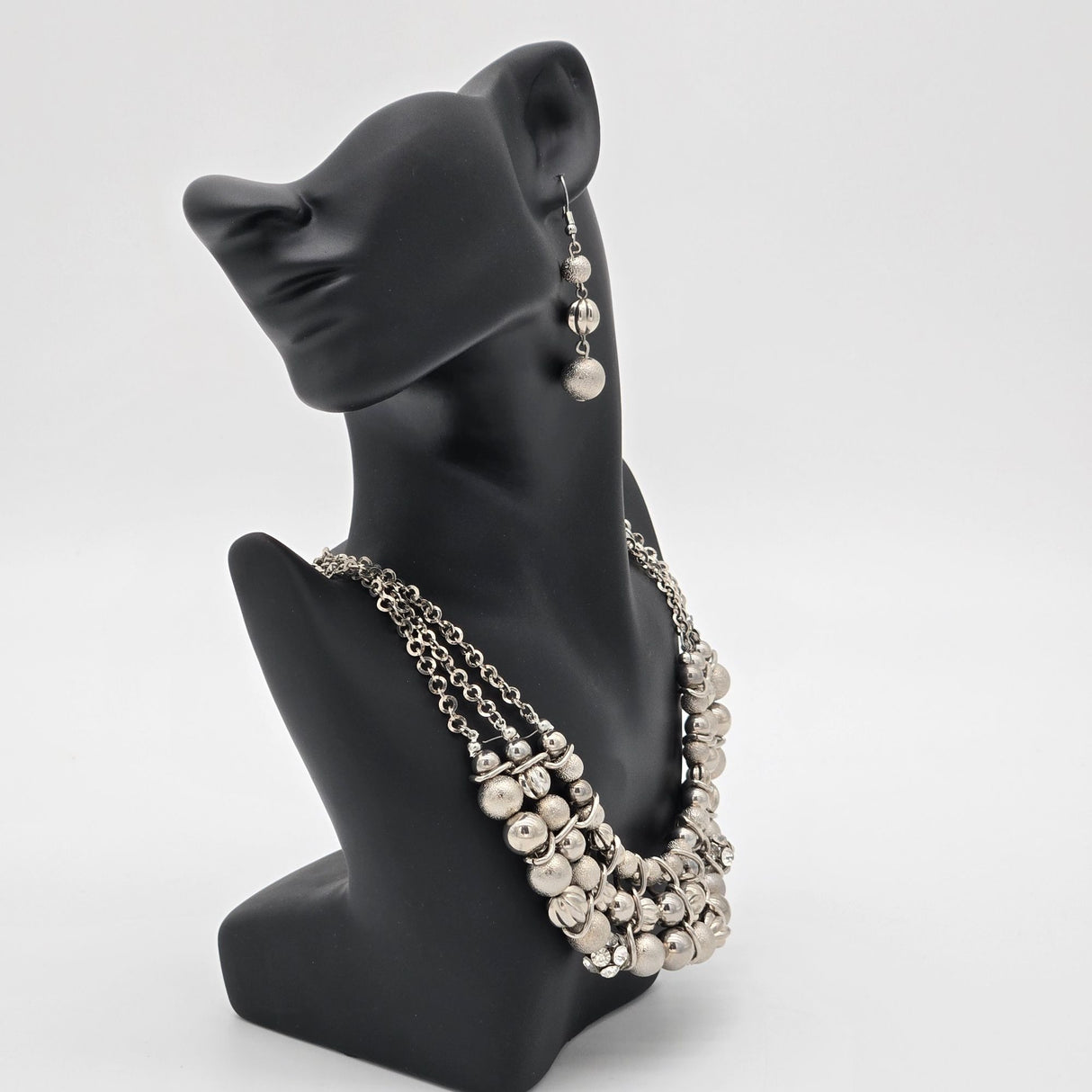 Chunky Silver-Tone Necklace & Dangle Earrings Set By Charlotte Daniel With Multi-Strand Chains & Beaded Design