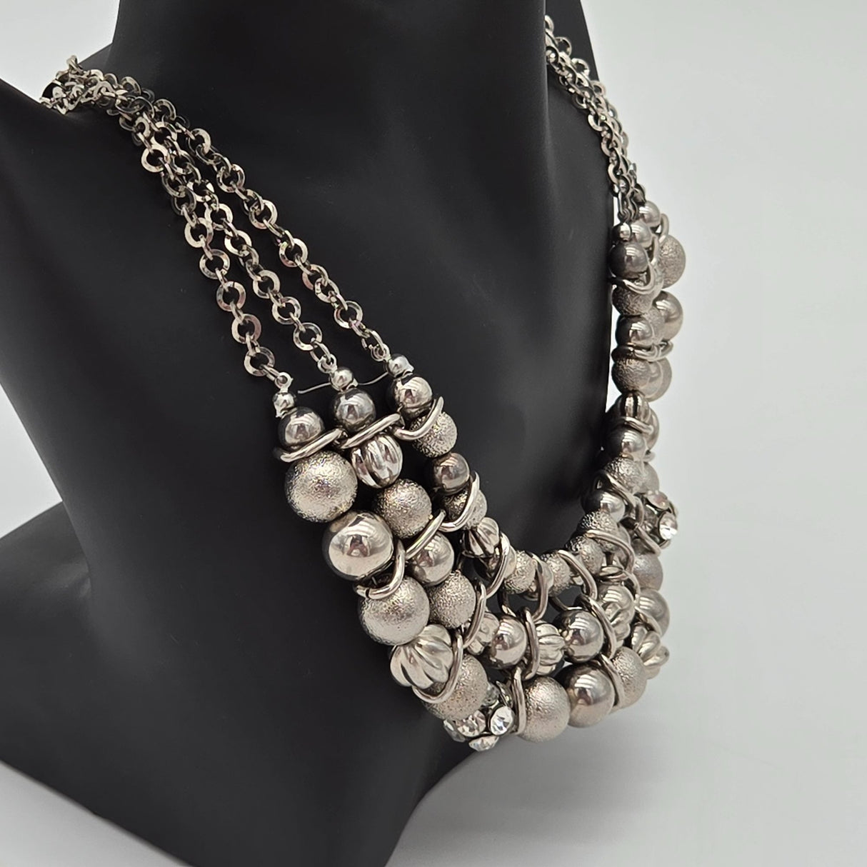 Chunky Silver-Tone Necklace & Dangle Earrings Set By Charlotte Daniel With Multi-Strand Chains & Beaded Design