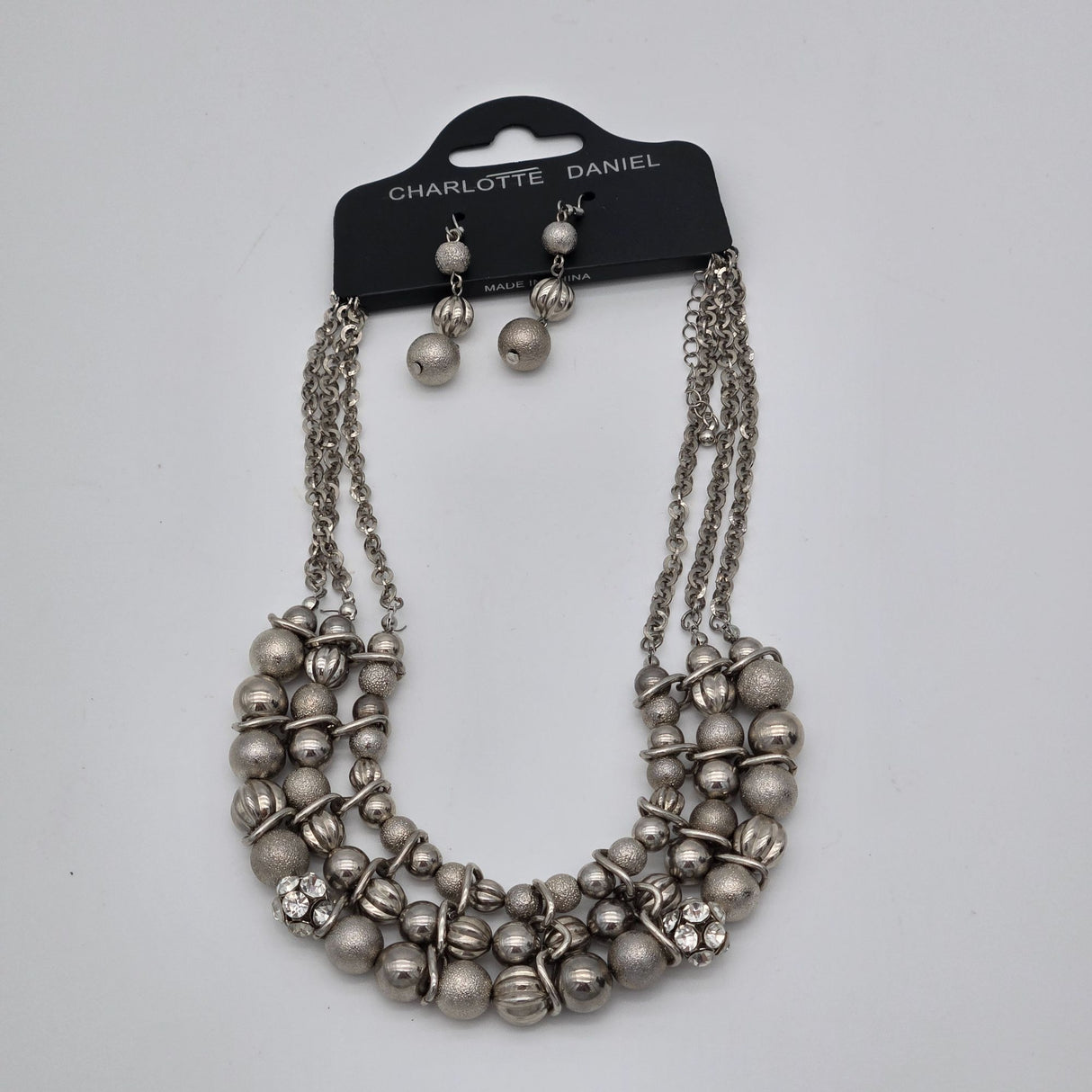 Chunky Silver-Tone Necklace & Dangle Earrings Set By Charlotte Daniel With Multi-Strand Chains & Beaded Design