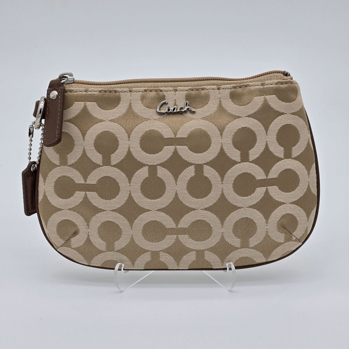Coach Beige Signature Canvas Wristlet With Zip Closure & Leather Trim No Wrist Strap