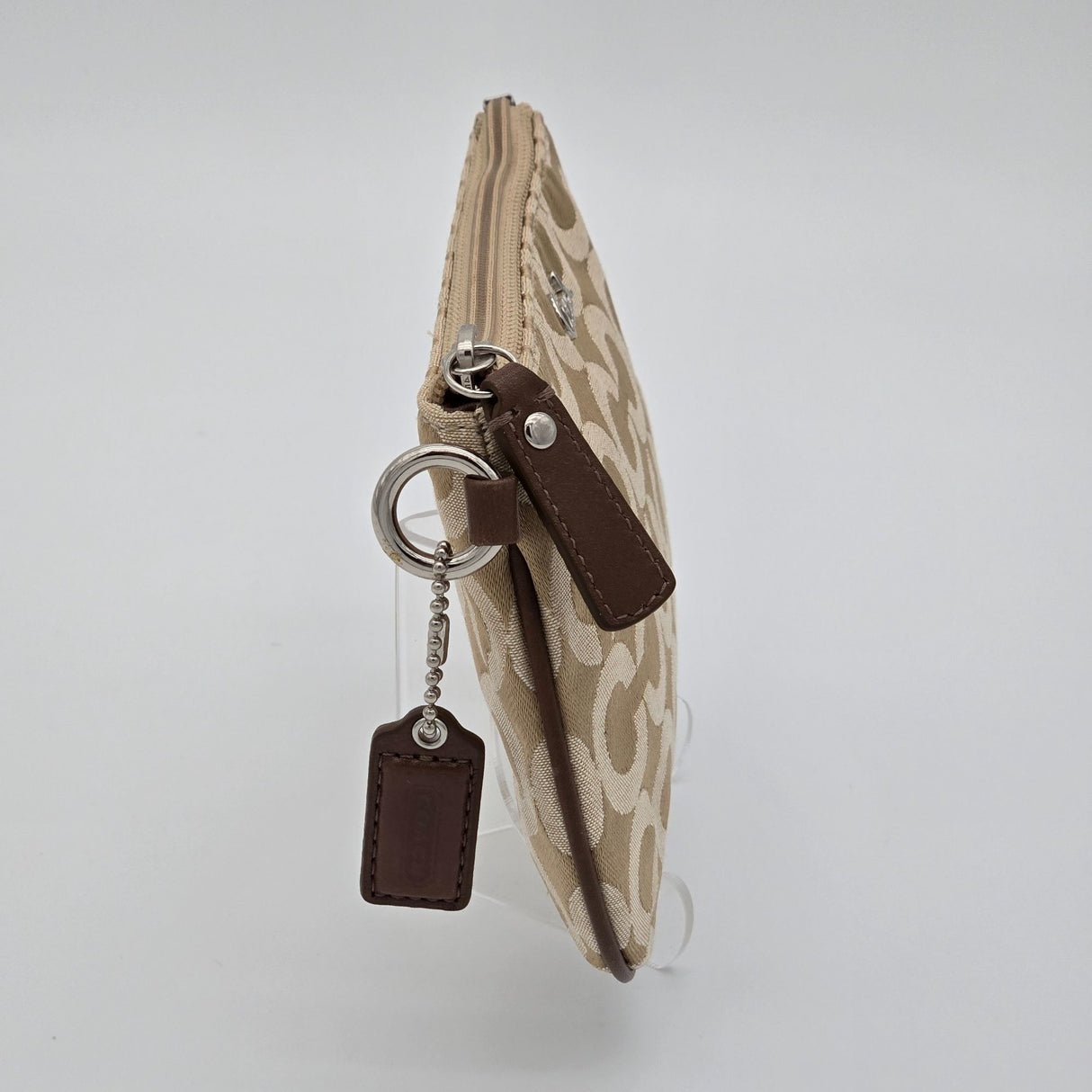 Coach Beige Signature Canvas Wristlet With Zip Closure & Leather Trim No Wrist Strap