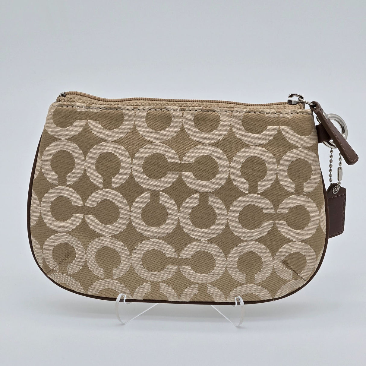 Coach Beige Signature Canvas Wristlet With Zip Closure & Leather Trim No Wrist Strap