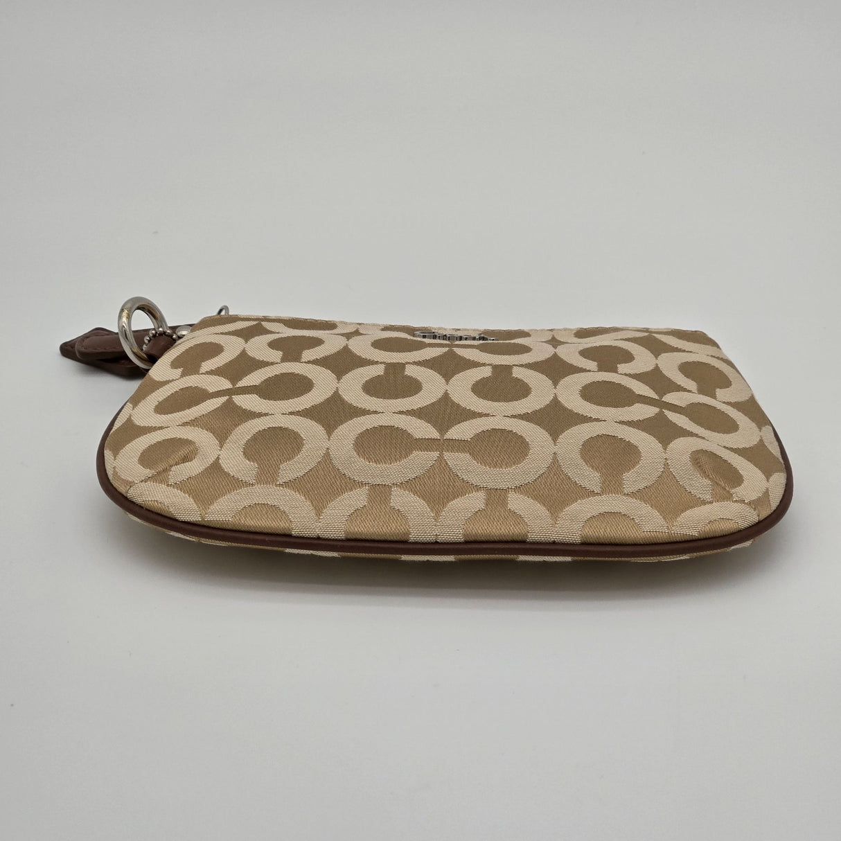 Coach Beige Signature Canvas Wristlet With Zip Closure & Leather Trim No Wrist Strap