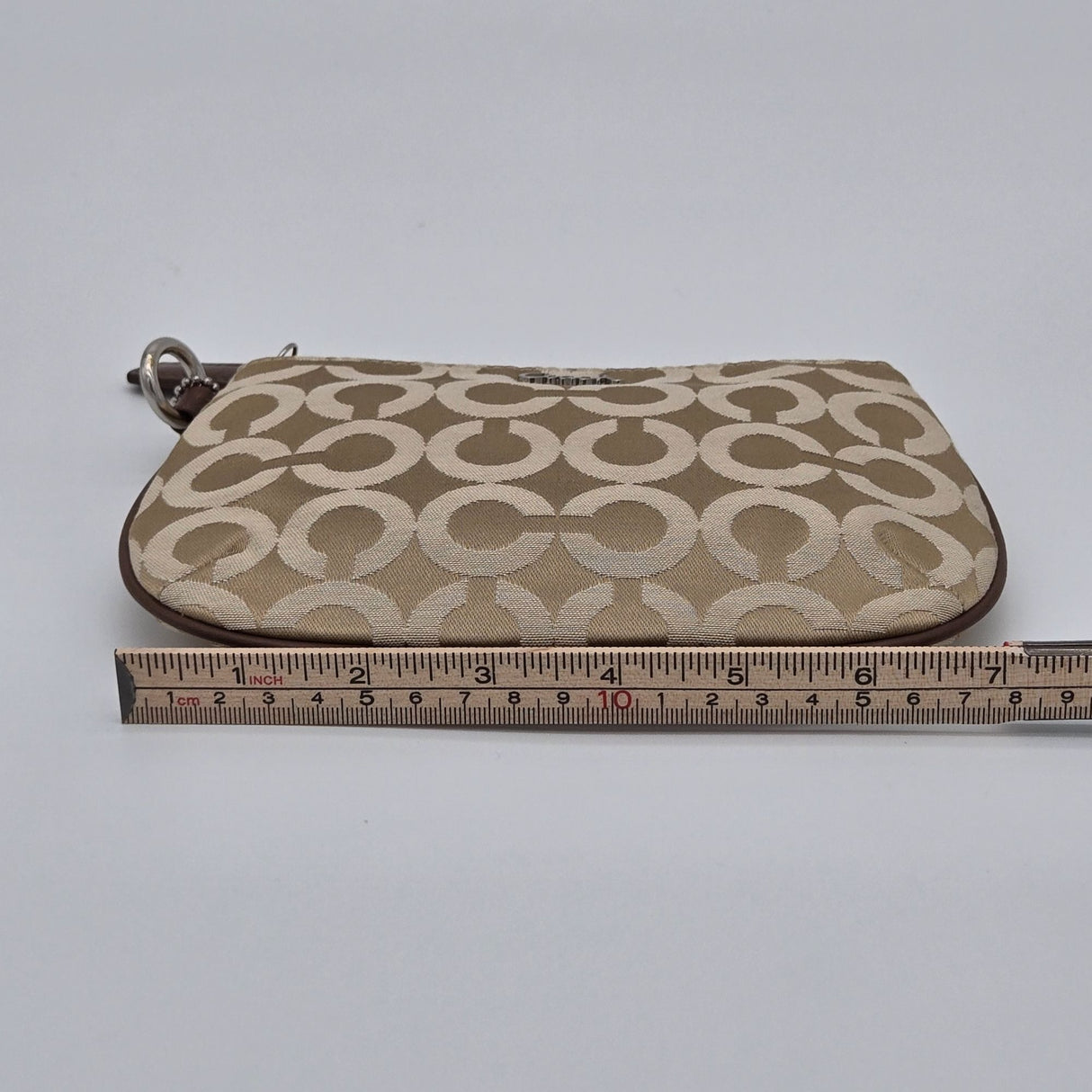 Coach Beige Signature Canvas Wristlet With Zip Closure & Leather Trim No Wrist Strap