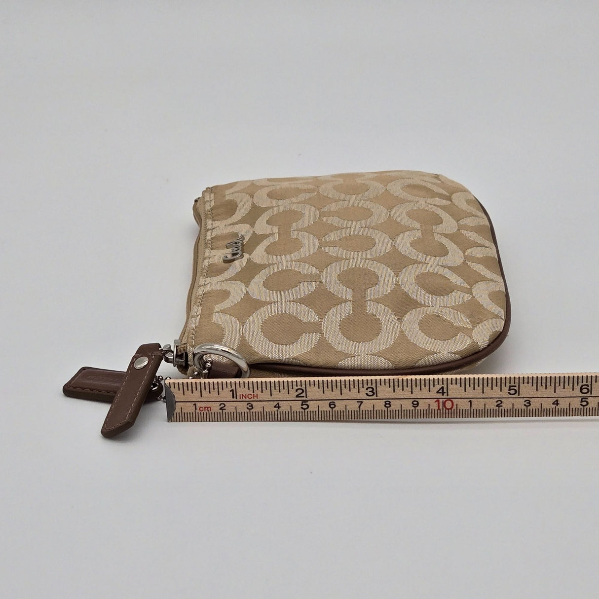 Coach Beige Signature Canvas Wristlet With Zip Closure & Leather Trim No Wrist Strap