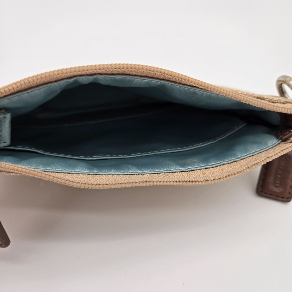 Coach Beige Signature Canvas Wristlet With Zip Closure & Leather Trim No Wrist Strap