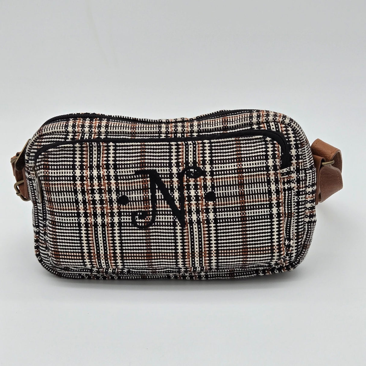 Thirty-One Plaid Crossbody Bag With Adjustable Brown Strap & Zipper Closure