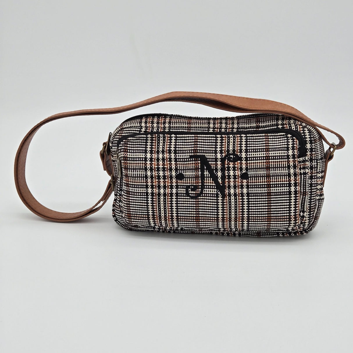 Thirty-One Plaid Crossbody Bag With Adjustable Brown Strap & Zipper Closure