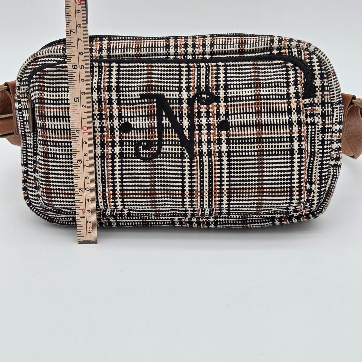 Thirty-One Plaid Crossbody Bag With Adjustable Brown Strap & Zipper Closure