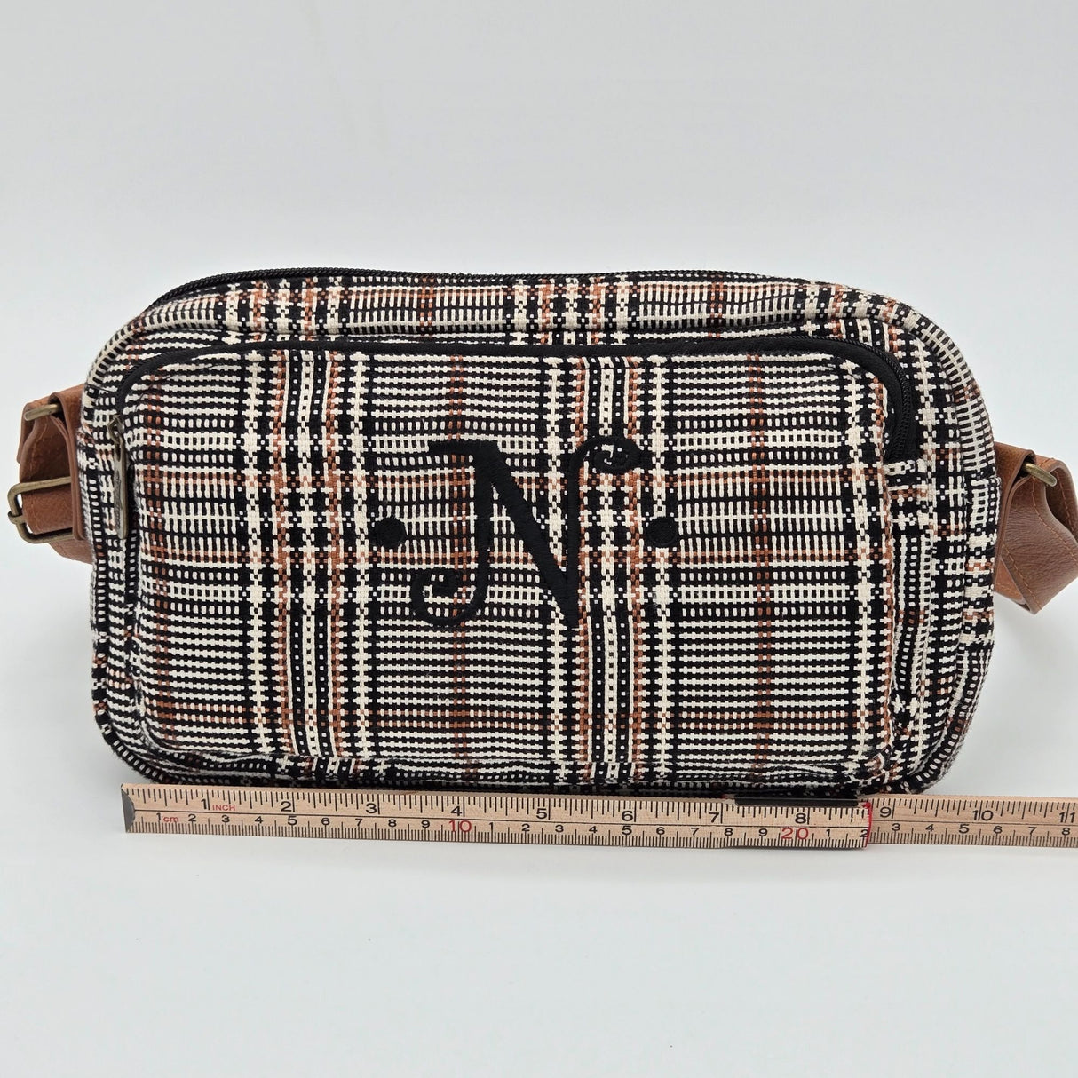 Thirty-One Plaid Crossbody Bag With Adjustable Brown Strap & Zipper Closure