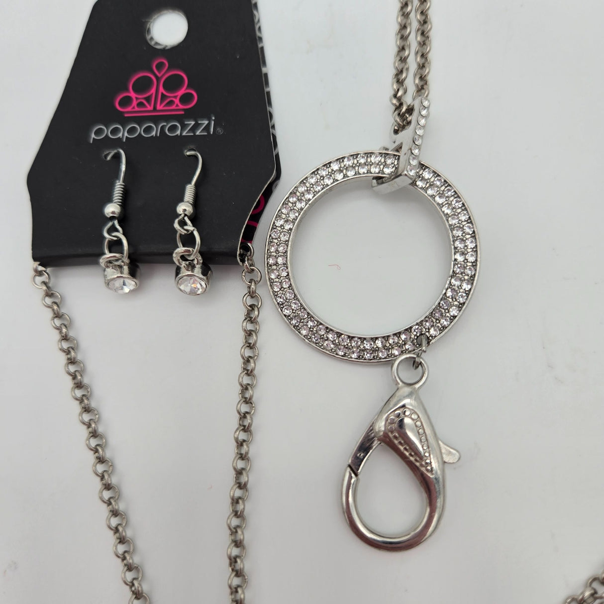 Straight to the Top Silver Rhinestone Circle Pendant Necklace & Matching Earrings Set By Paparazzi