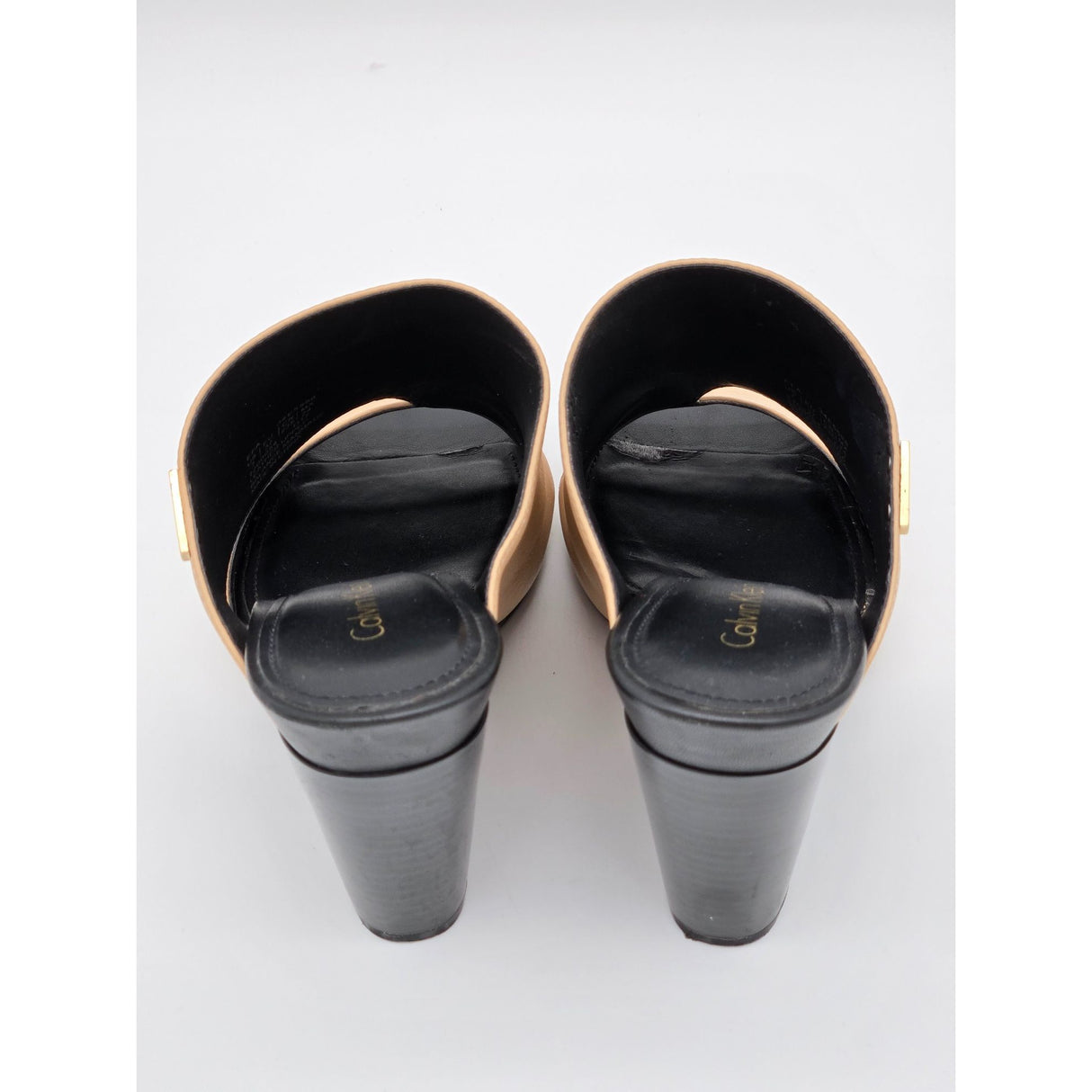 Calvin Klein Womens Wiley Cervo in Sandstorm Open Toe Block Heel Mules