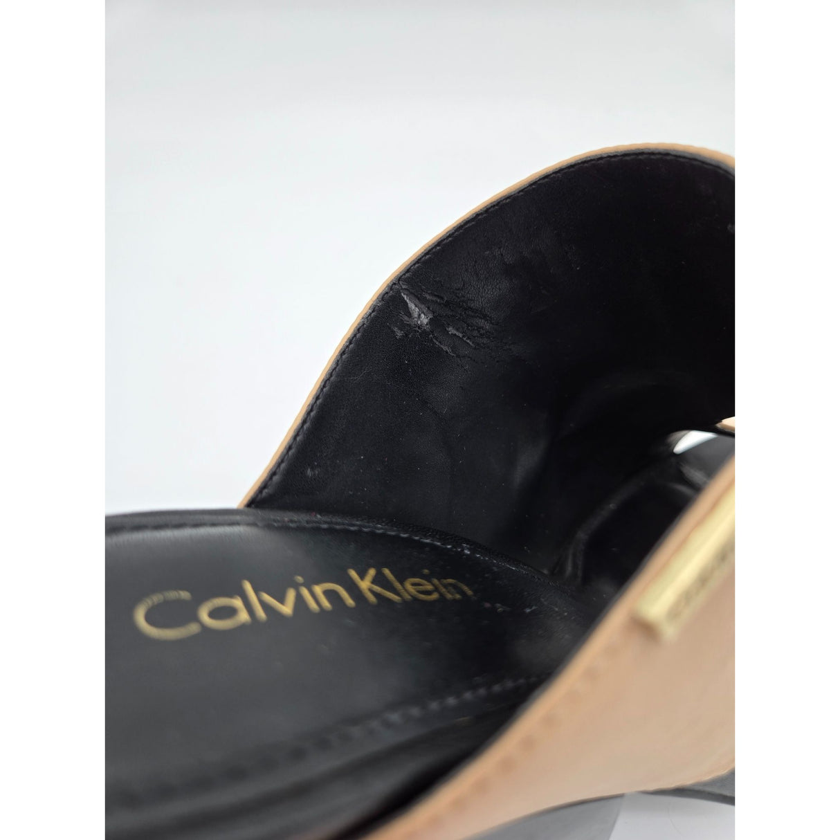 Calvin Klein Womens Wiley Cervo in Sandstorm Open Toe Block Heel Mules