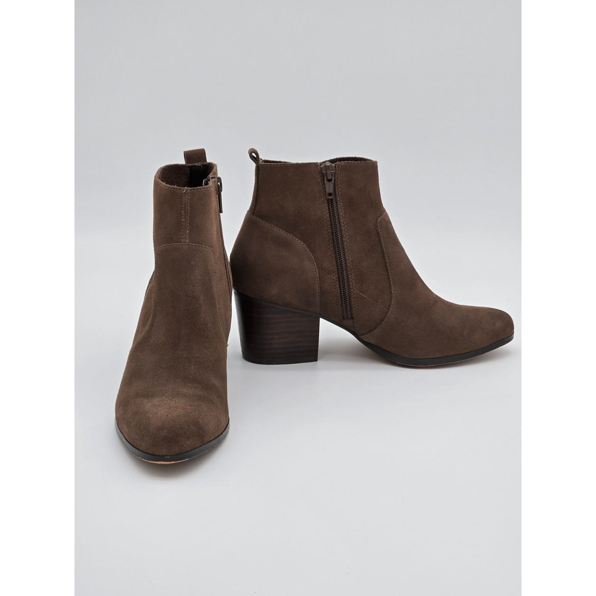 Crown Vintage Saleen Brown Suede Ankle Booties With Block Heel & Side Zipper For Women