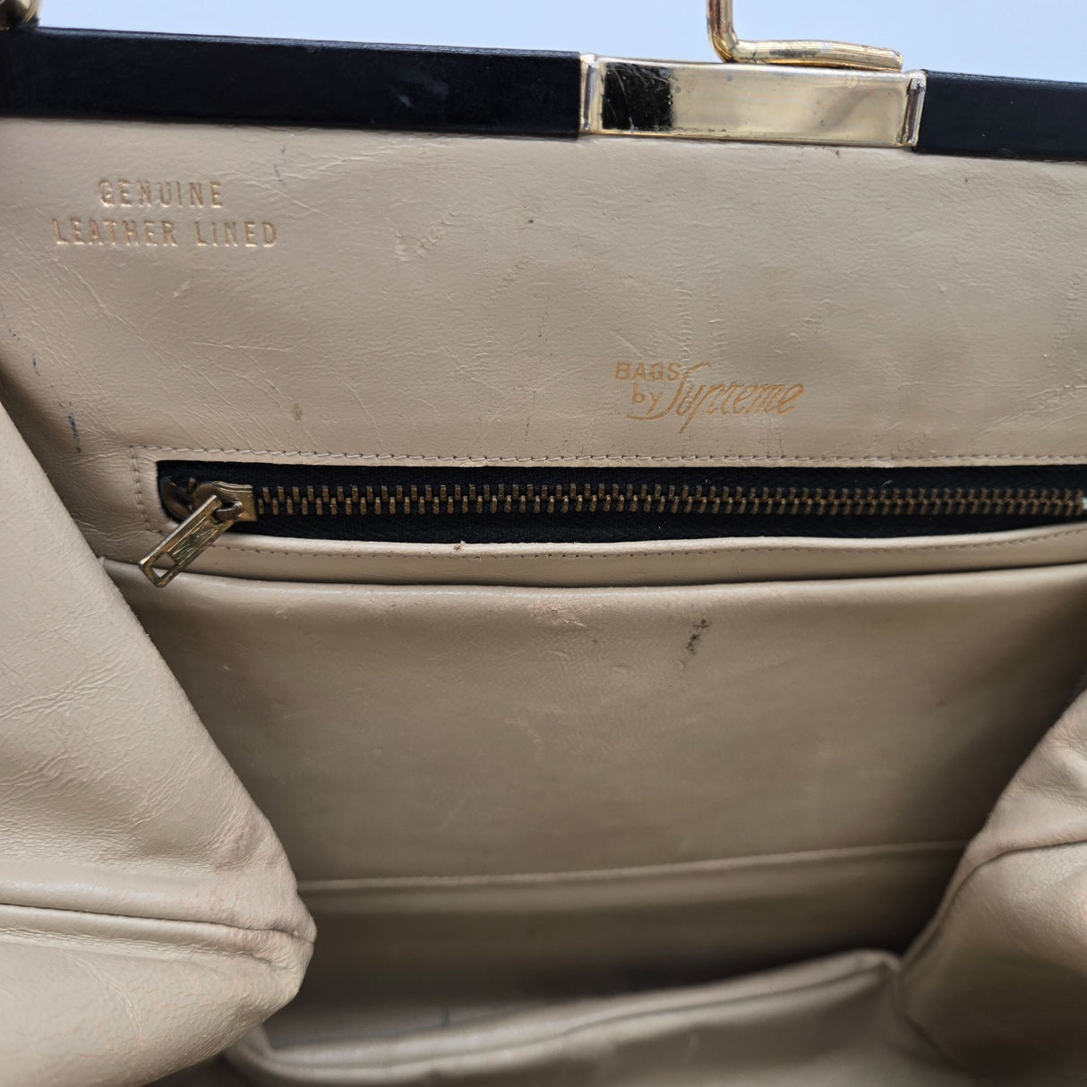 Vintage Black Leather Handbag By Bags By Supreme With Gold Kiss Lock Closure & Genuine Leather Lining