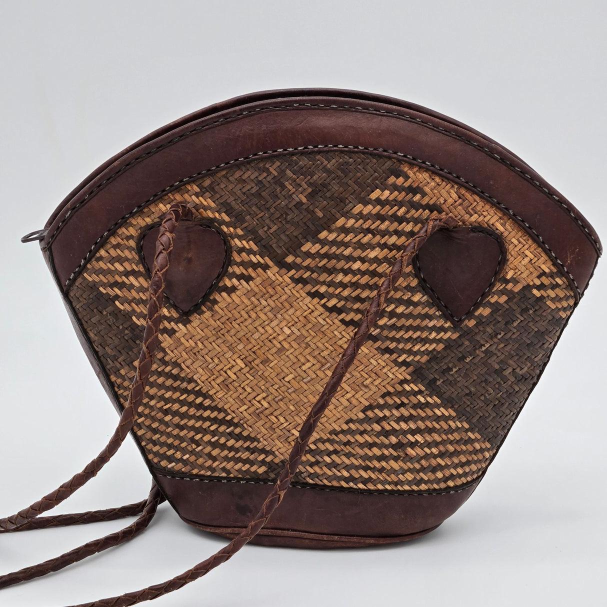 Handmade Indonesian Caneweave Woven Straw & Leather Crossbody Bag With Zipper Closure