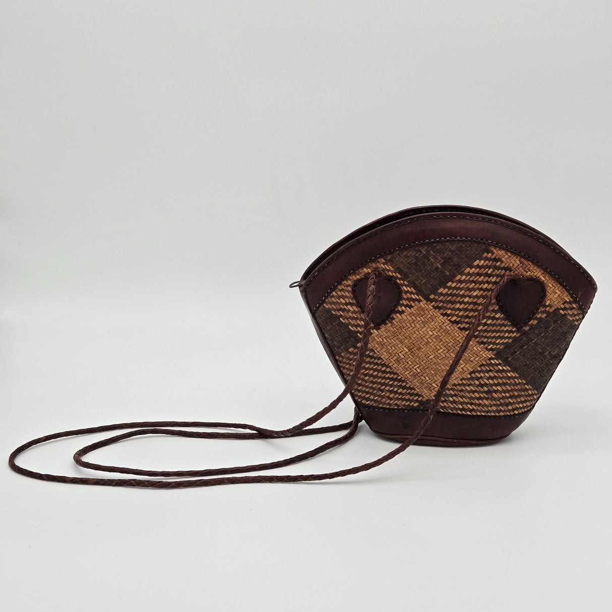 Handmade Indonesian Caneweave Woven Straw & Leather Crossbody Bag With Zipper Closure