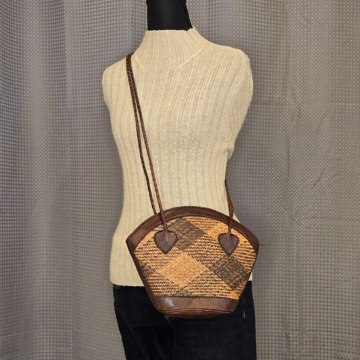 Handmade Indonesian Caneweave Woven Straw & Leather Crossbody Bag With Zipper Closure