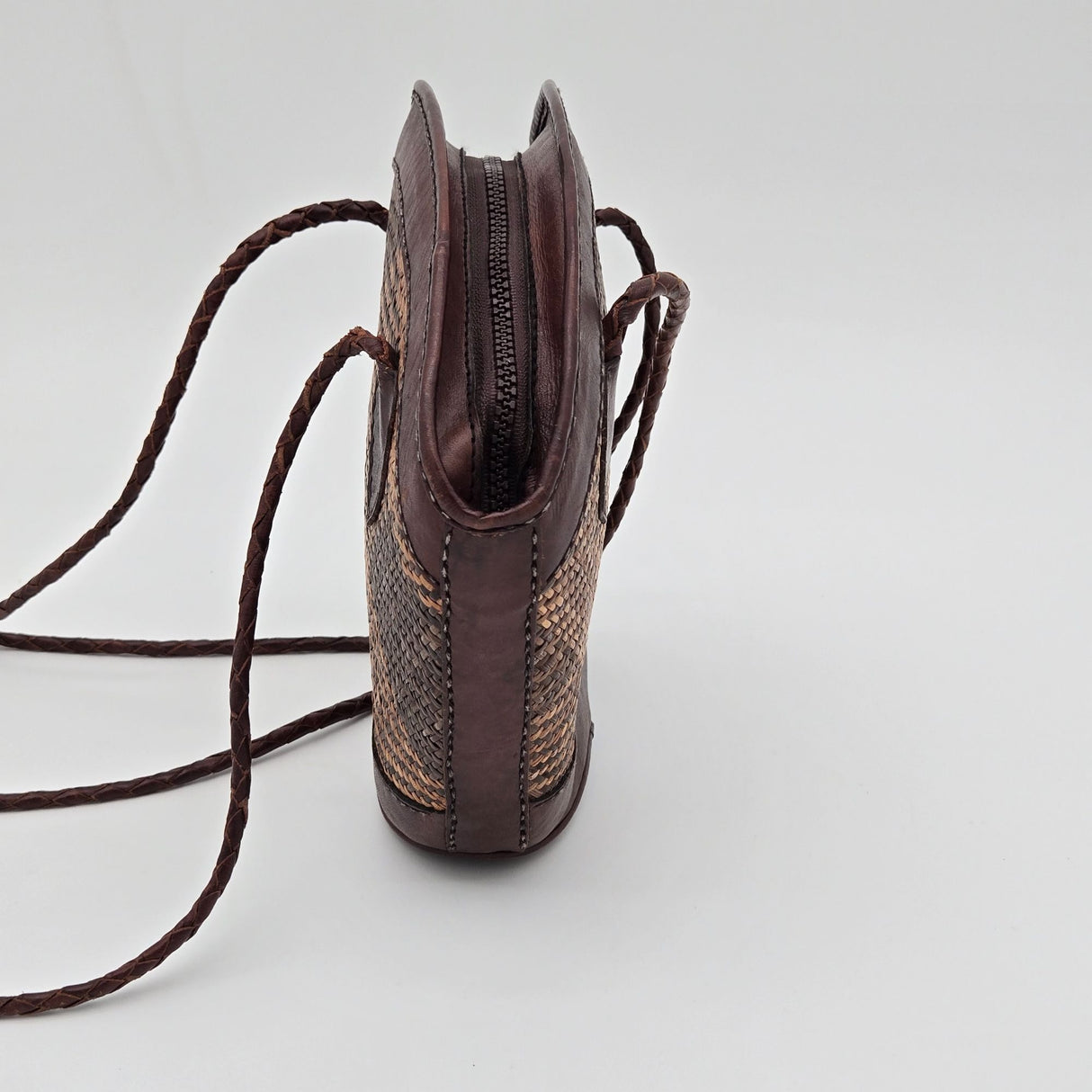 Handmade Indonesian Caneweave Woven Straw & Leather Crossbody Bag With Zipper Closure