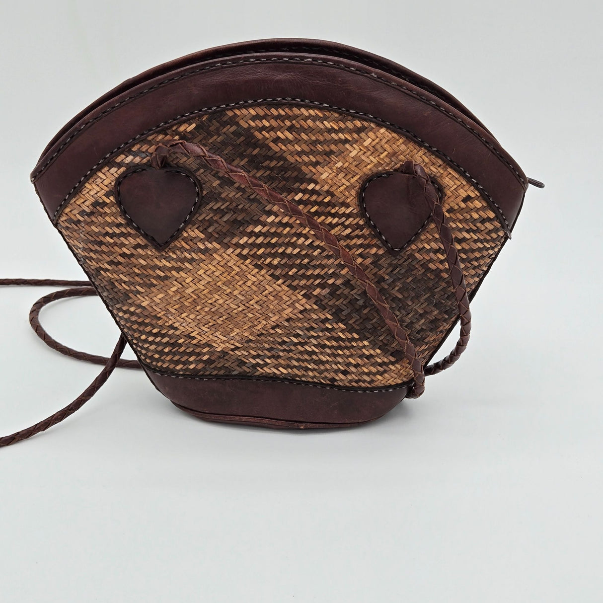 Handmade Indonesian Caneweave Woven Straw & Leather Crossbody Bag With Zipper Closure