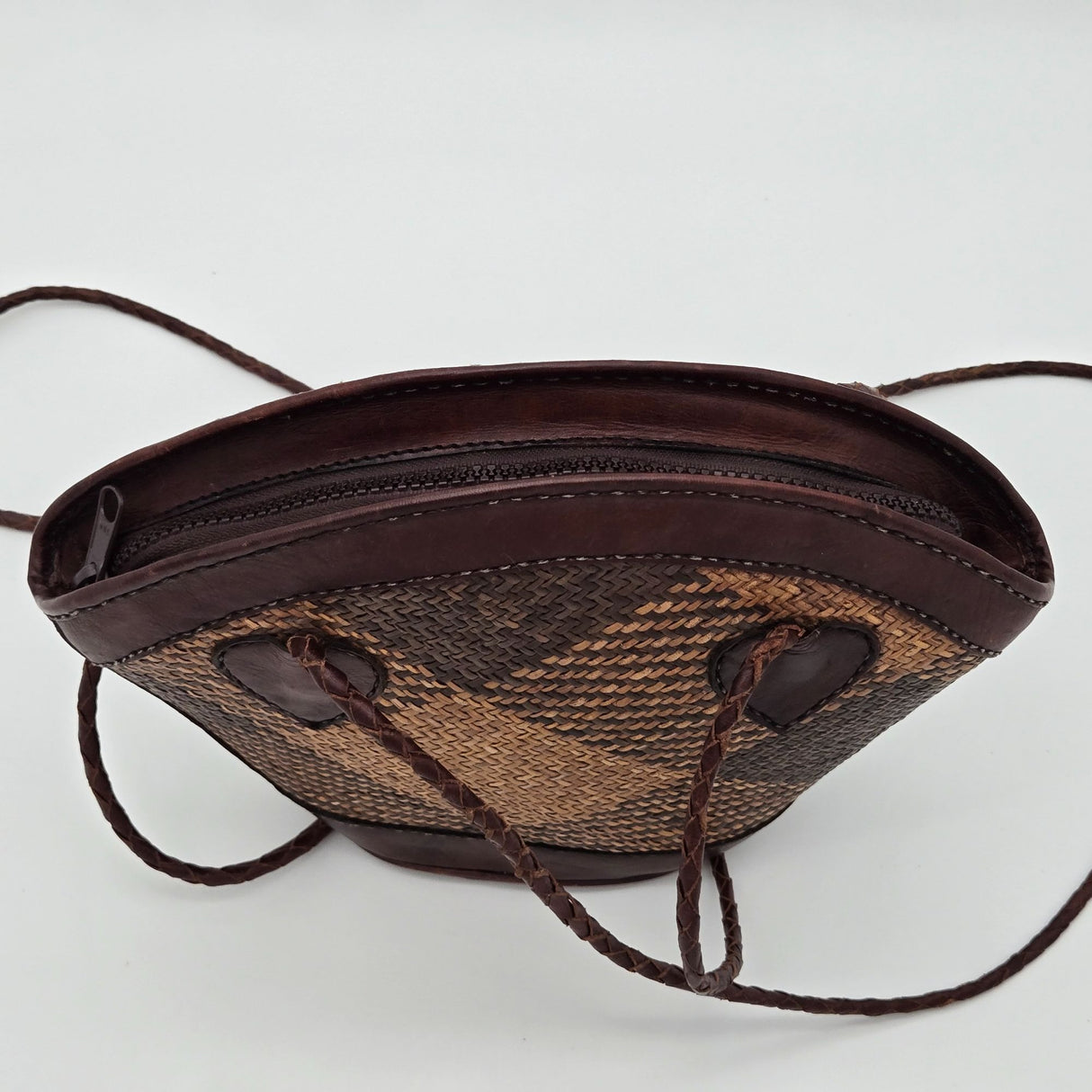 Handmade Indonesian Caneweave Woven Straw & Leather Crossbody Bag With Zipper Closure