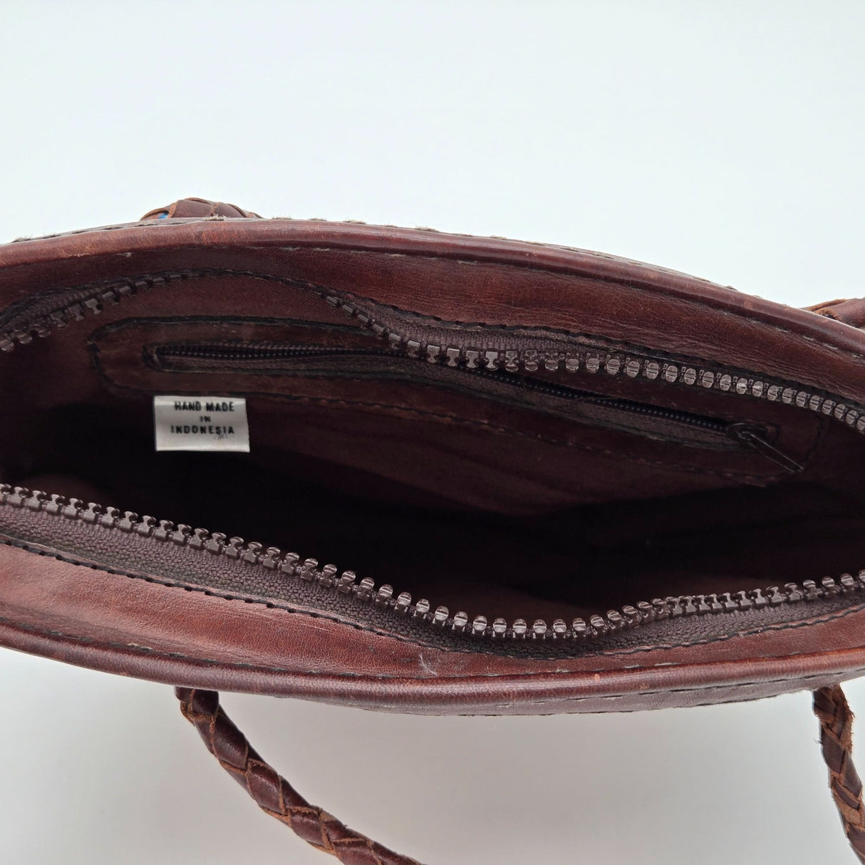 Handmade Indonesian Caneweave Woven Straw & Leather Crossbody Bag With Zipper Closure