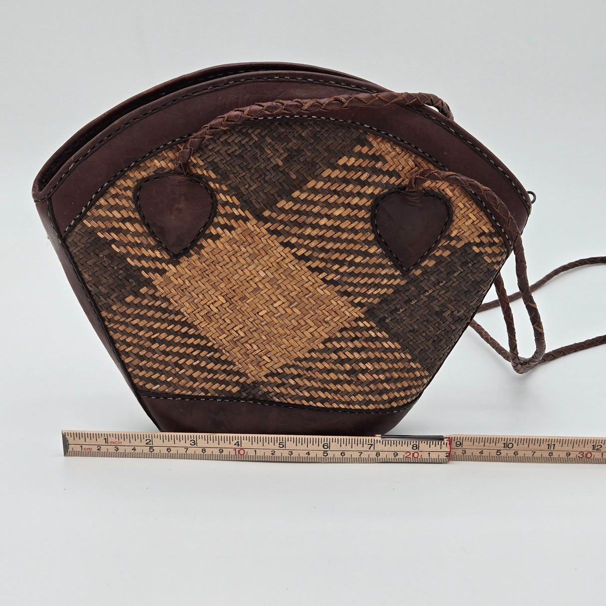 Handmade Indonesian Caneweave Woven Straw & Leather Crossbody Bag With Zipper Closure