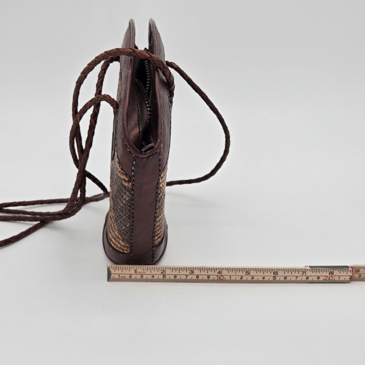 Handmade Indonesian Caneweave Woven Straw & Leather Crossbody Bag With Zipper Closure