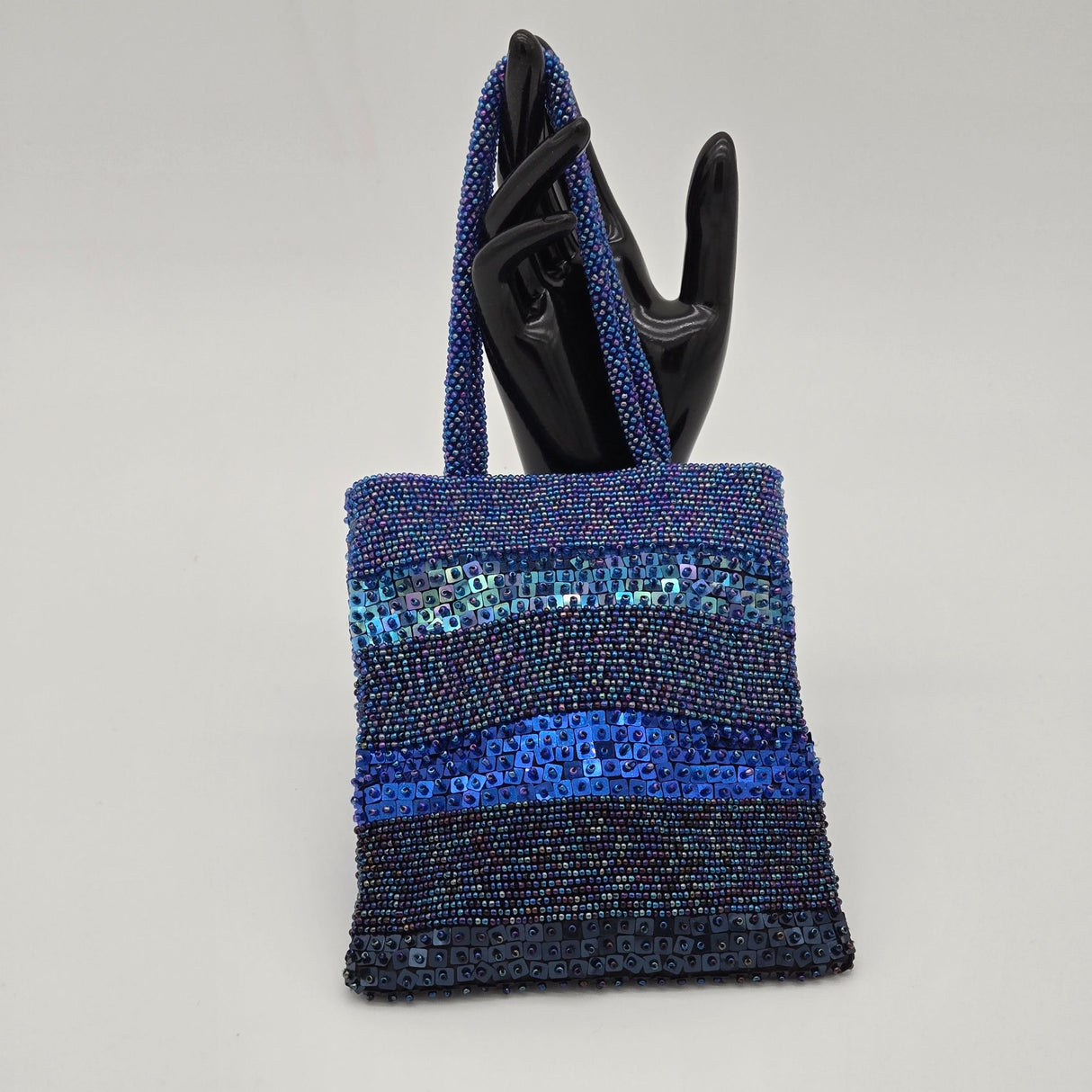 Vintage Indeed Beaded Evening Bag W/ Sequins & Magnetic Closure Multi-Blue Tones Small Handbag