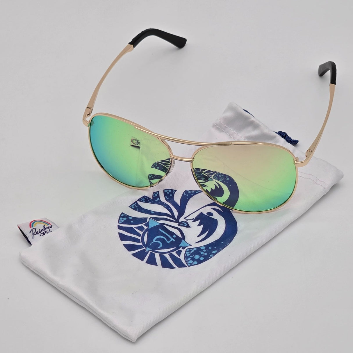 Aviator Sunglasses With Gold Metal Frame & Mirror Lens Unisex Lightweight Design Includes Protective Pouch By Rainbow OPTX