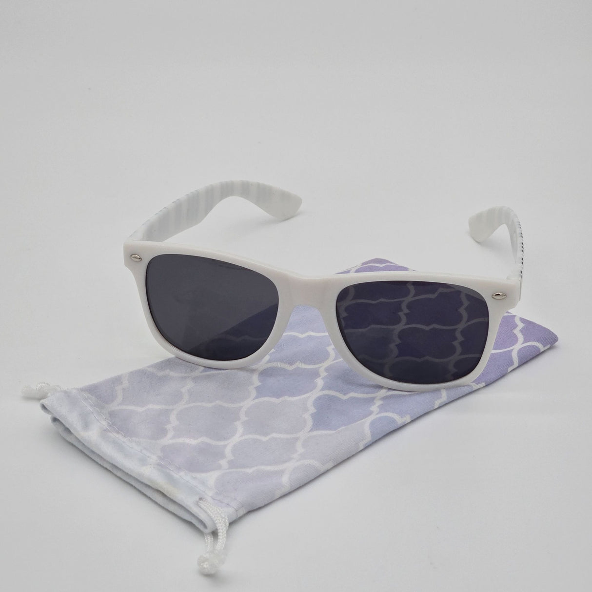 White Retro Sunglasses With Black Piano Key Pattern Arms & Soft Drawstring Pouch