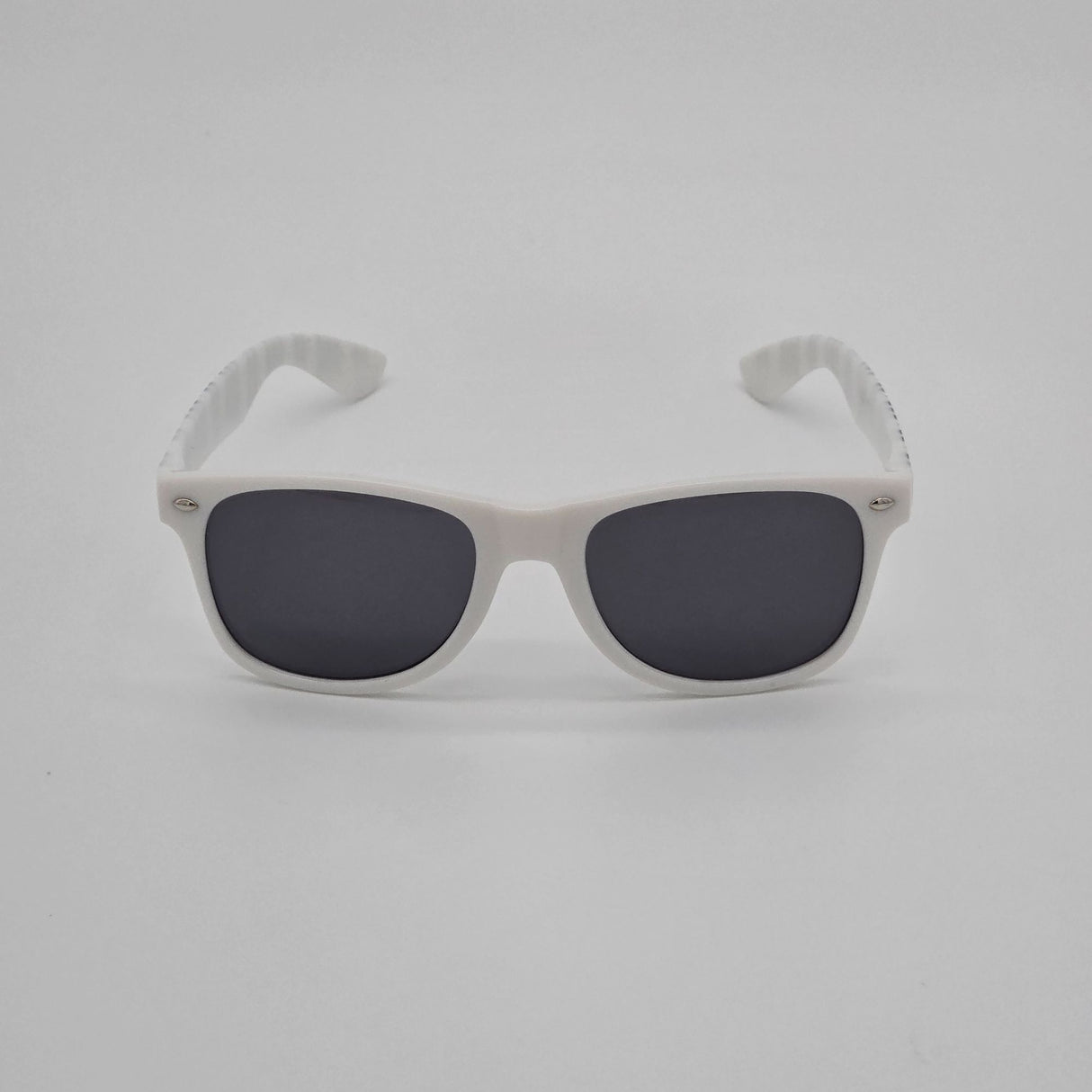 White Retro Sunglasses With Black Piano Key Pattern Arms & Soft Drawstring Pouch