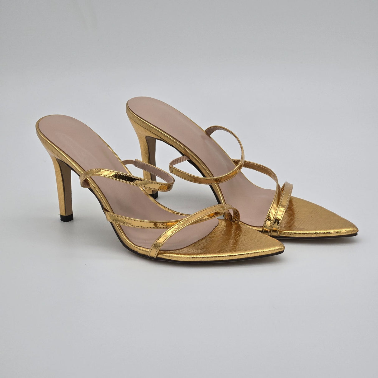 Gold Strappy Pointed-Toe High Heel Sandals Size 7.5 Women's Elegant Evening Shoes