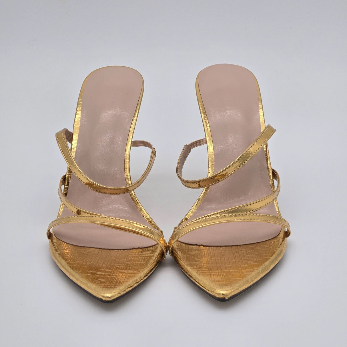 Gold Strappy Pointed-Toe High Heel Sandals Size 7.5 Women's Elegant Evening Shoes