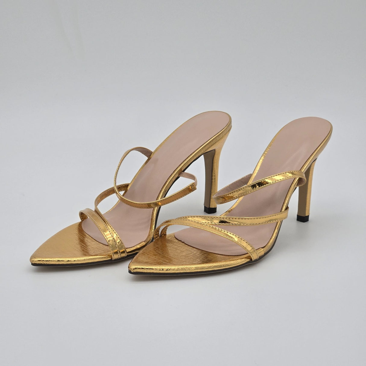 Gold Strappy Pointed-Toe High Heel Sandals Size 7.5 Women's Elegant Evening Shoes