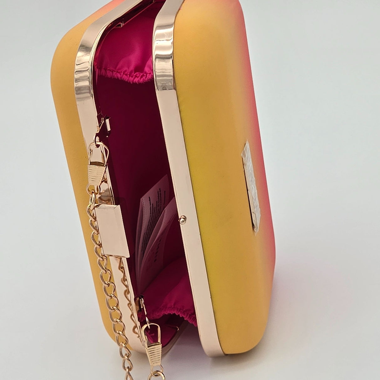 Escada Fiesta Carioca Ombre Yellow To Pink Clutch Bag With Gold Chain Strap & Satin Lining