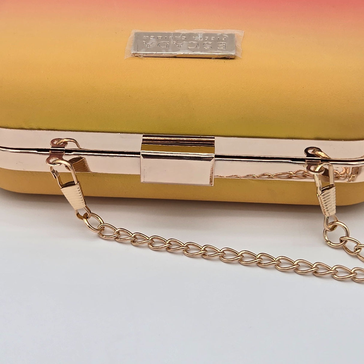 Escada Fiesta Carioca Ombre Yellow To Pink Clutch Bag With Gold Chain Strap & Satin Lining