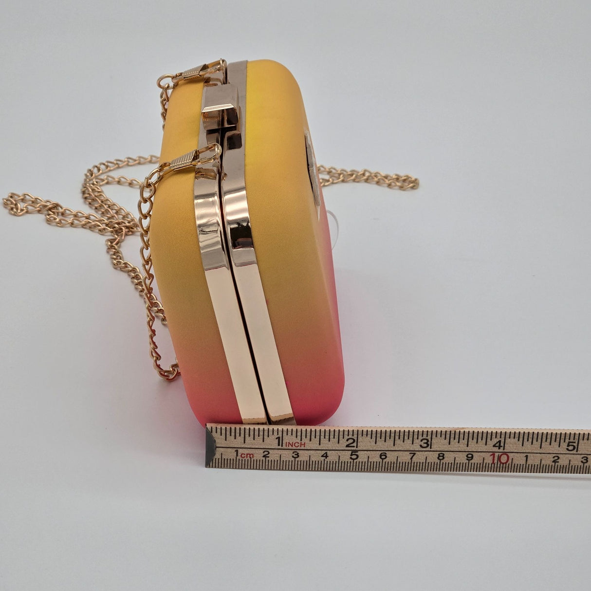 Escada Fiesta Carioca Ombre Yellow To Pink Clutch Bag With Gold Chain Strap & Satin Lining