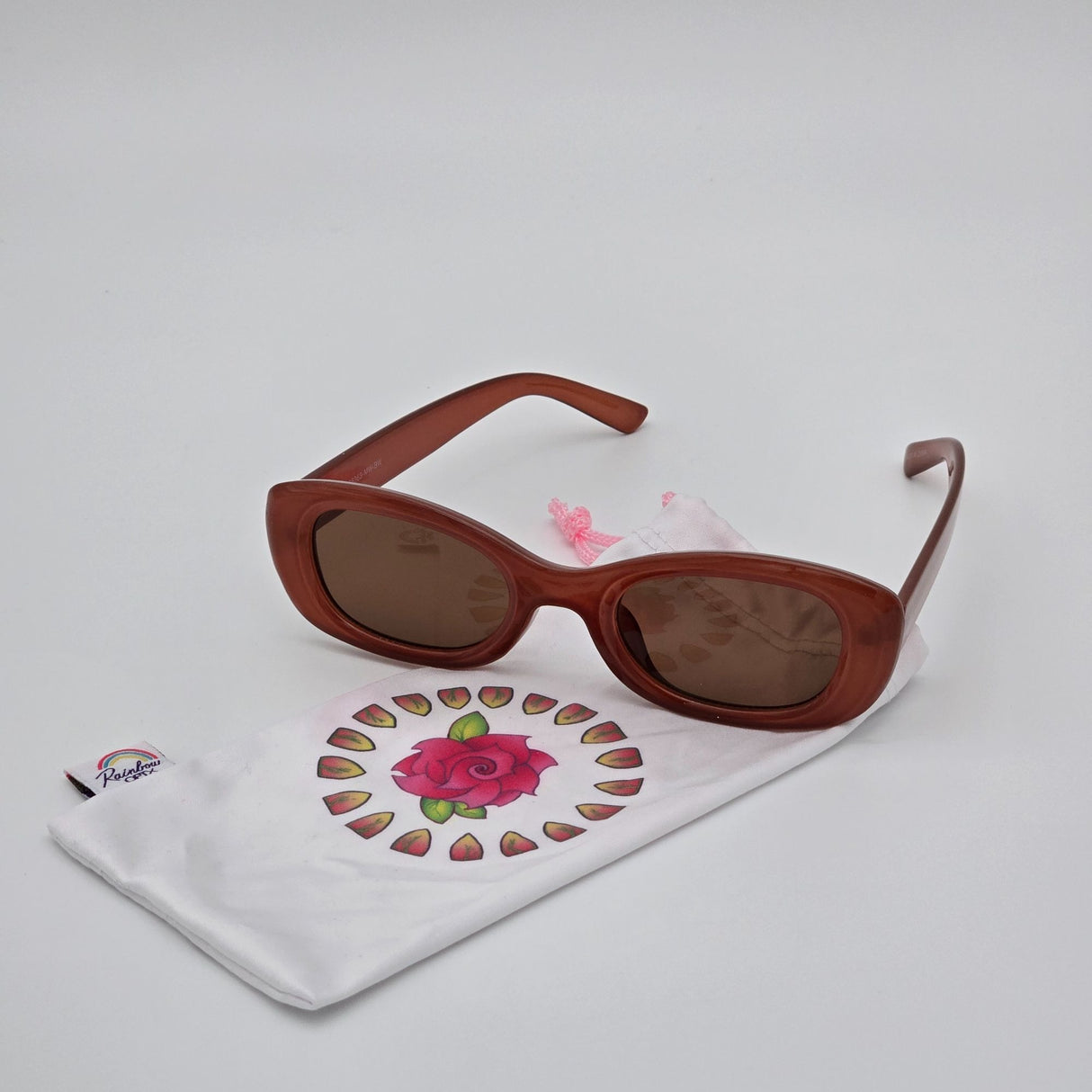Retro Oval Sunglasses With Brown Tinted Lenses & Rose-Print Pouch