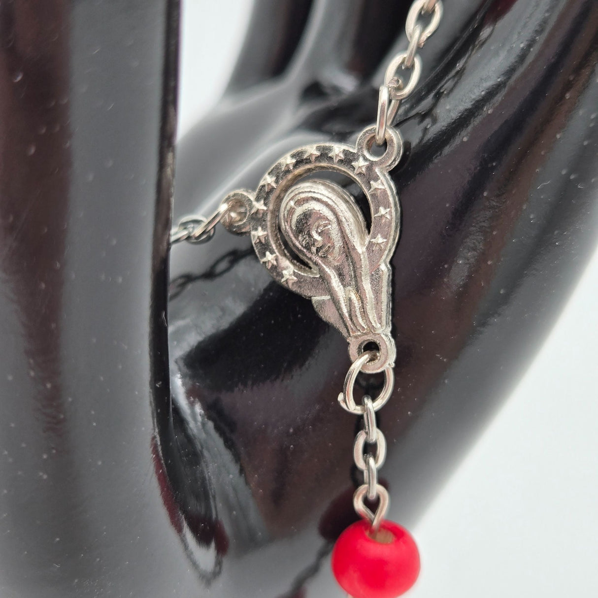 Red Wood Bead Rosary Necklace With Silver-Tone Crucifix & Virgin Mary Centerpiece