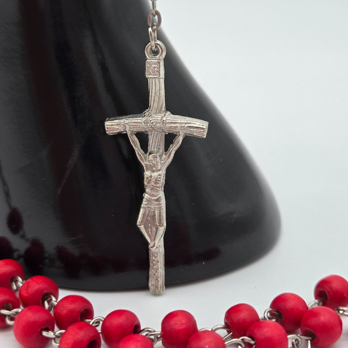 Red Wood Bead Rosary Necklace With Silver-Tone Crucifix & Virgin Mary Centerpiece