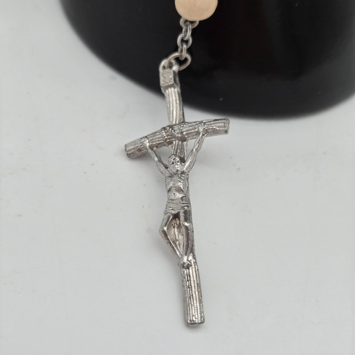 Wood Bead Rosary Necklace With Silver-Tone Crucifix & Virgin Mary Centerpiece