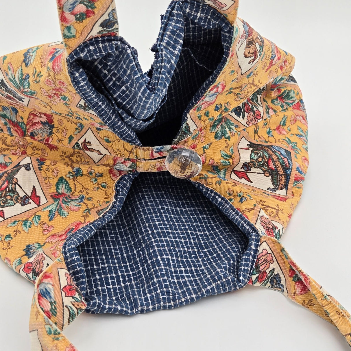 Suzanne Tote Bag With Floral & Checkered Pattern Quilted Cotton Fabric Button Closure Made In USA 16" W X 14" H