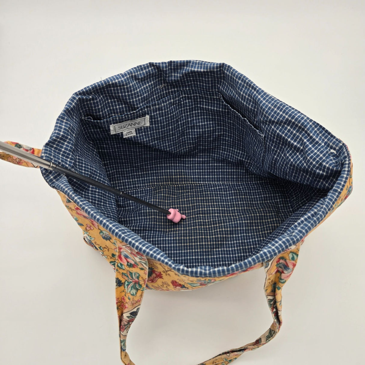 Suzanne Tote Bag With Floral & Checkered Pattern Quilted Cotton Fabric Button Closure Made In USA 16" W X 14" H