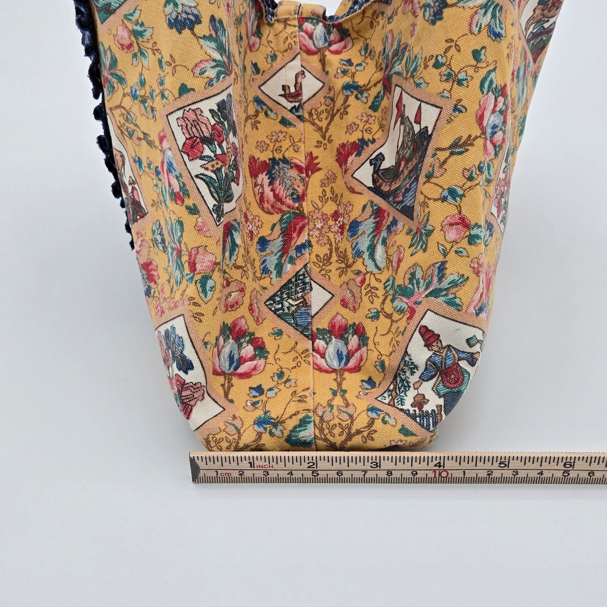 Suzanne Tote Bag With Floral & Checkered Pattern Quilted Cotton Fabric Button Closure Made In USA 16" W X 14" H