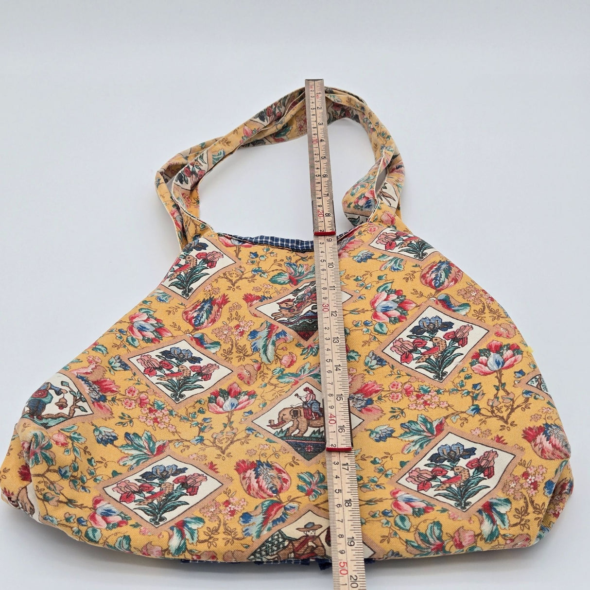 Suzanne Tote Bag With Floral & Checkered Pattern Quilted Cotton Fabric Button Closure Made In USA 16" W X 14" H