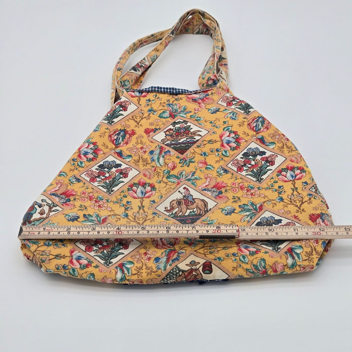 Suzanne Tote Bag With Floral & Checkered Pattern Quilted Cotton Fabric Button Closure Made In USA 16" W X 14" H