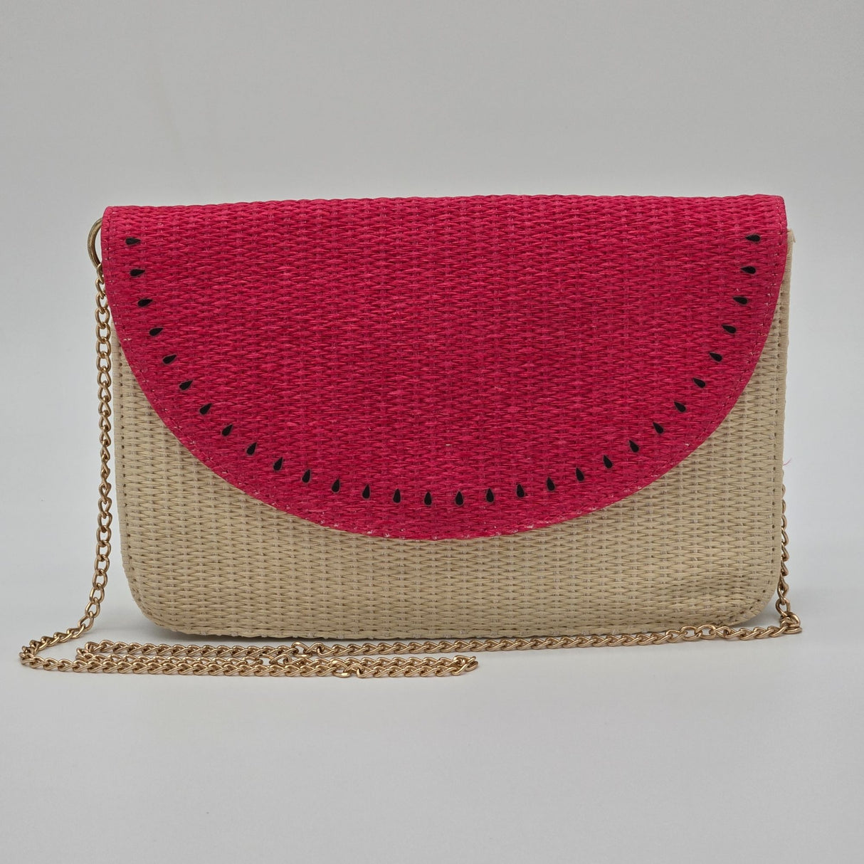Escada Sorbetto Rosso Watermelon Straw Woven Crossbody Bag With Pink Flap & Gold Chain Strap