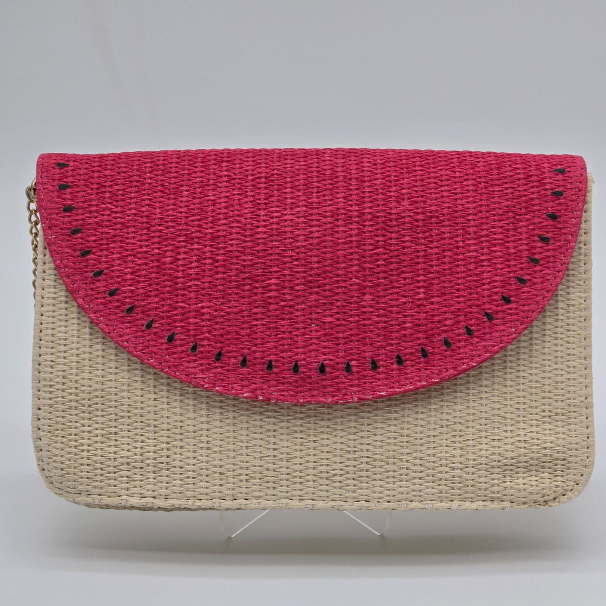 Escada Sorbetto Rosso Watermelon Straw Woven Crossbody Bag With Pink Flap & Gold Chain Strap