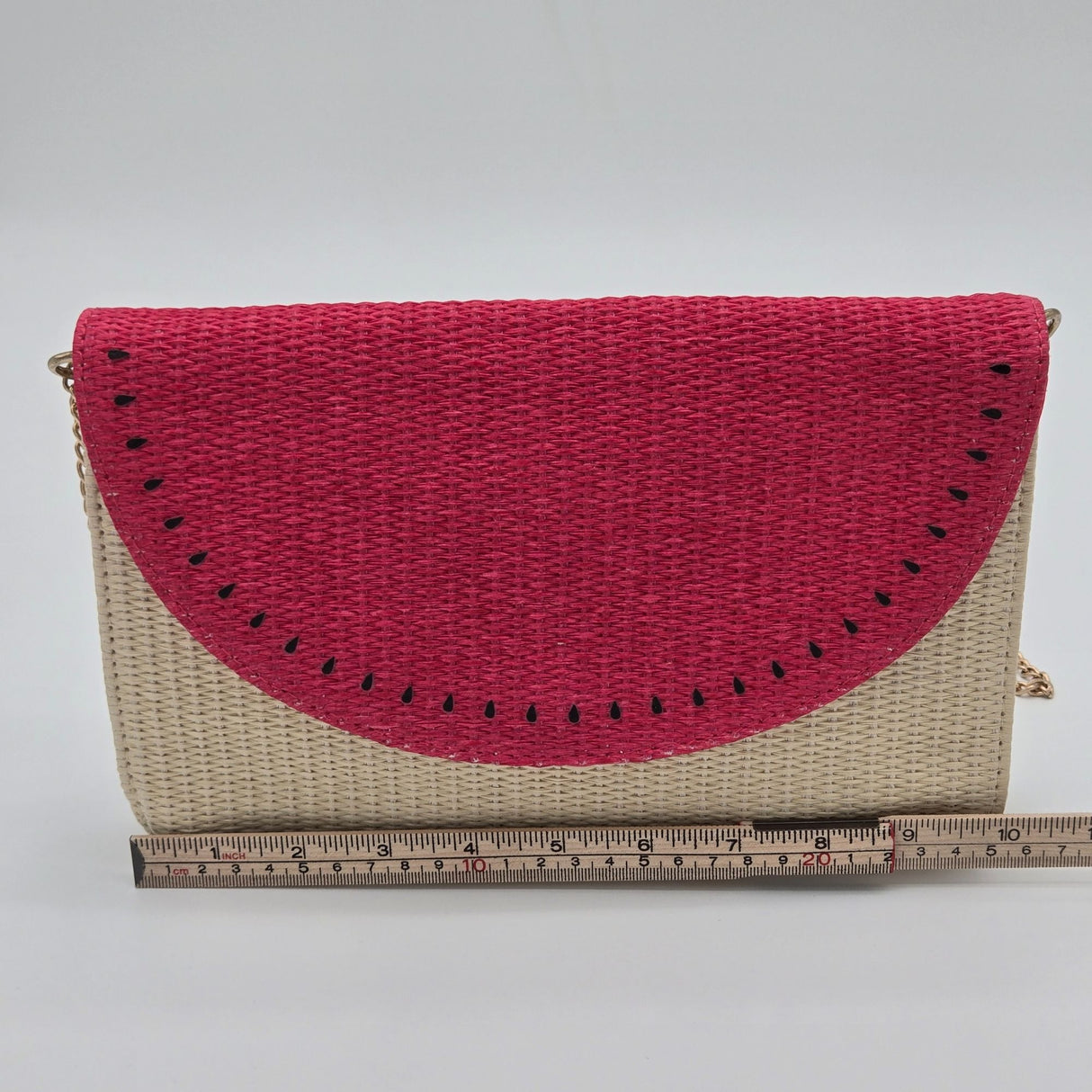 Escada Sorbetto Rosso Watermelon Straw Woven Crossbody Bag With Pink Flap & Gold Chain Strap